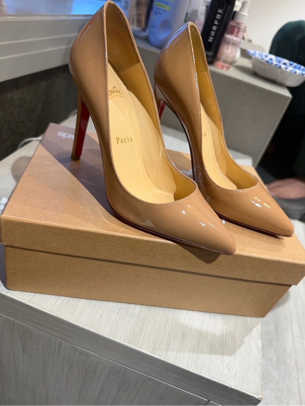Christian Louboutin Nude Patent Pointed-Toe Pumps with Red Sole